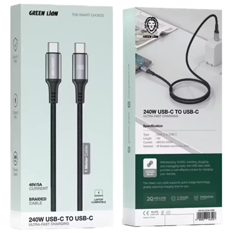 کابل شارژ دو سر تایپ سی گرین لاین مدل GREEN LION GNCBL240W1MBK USB-C PD 240W طول 1 متر