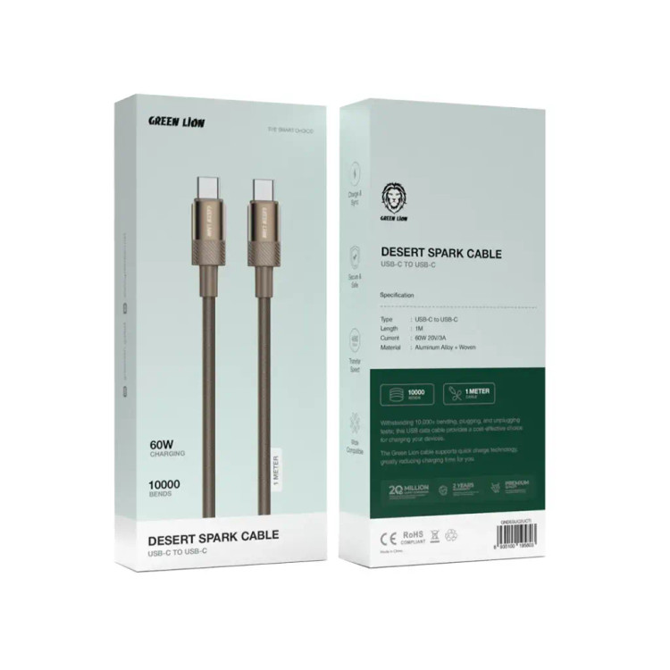 کابل شارژ دو سر تایپ سی گرین لاین مدل GREEN LION GNDESUC2UCTI Desert Spark USB-C 60W طول 1 متر