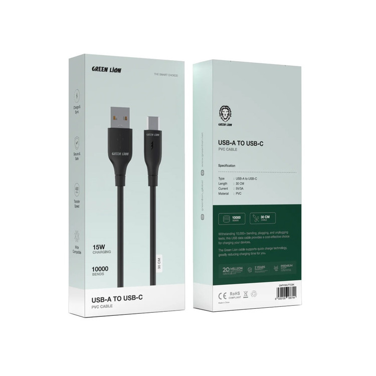 کابل شارژ تایپ سی گرین لاین مدل GREEN LION GNPV30UTTCBK 15W طول 0.3 متر