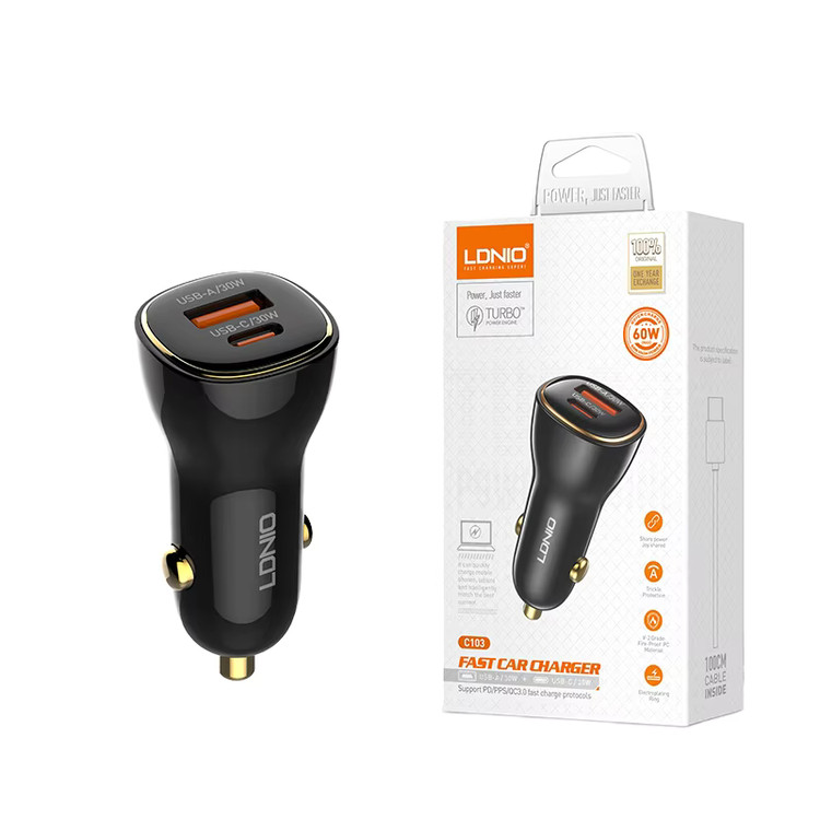 شارژر فندکی 60 وات الدینیو مدل C103 به همراه کابل USB-C